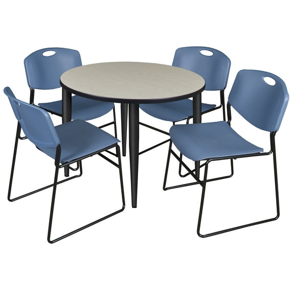 Regency Kahlo 42 in. Round Breakroom Table- Maple Top, Black Base & 4 Zeng Stack Chairs- Blue