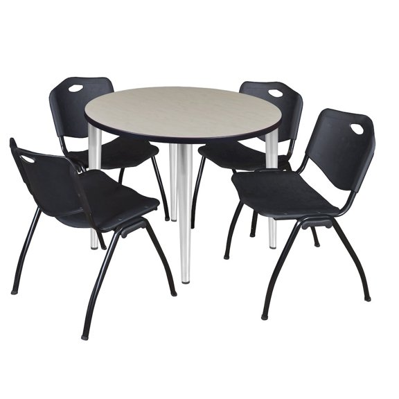 Regency 42 in. Round Breakroom Table- Maple Top, Chrome Base & 4 M Stack Chairs- Black