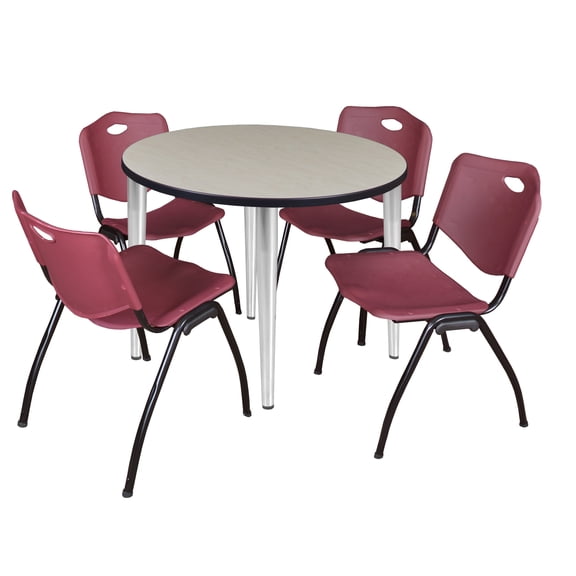 42" Round Breakroom Table- Maple Top- Chrome Base & 4 Stack Chairs- Burgundy