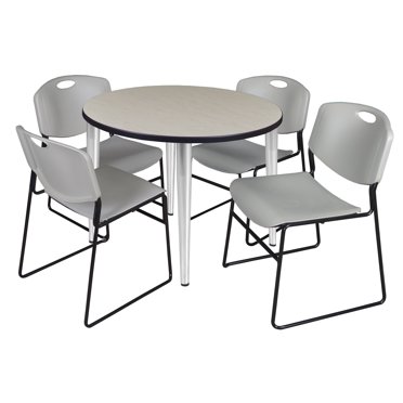 Regency Kahlo 42 in. Round Breakroom Table- Maple Top, Chrome Base & 4 Zeng Stack Chairs- Grey