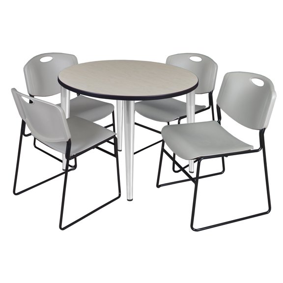42" Round Breakroom Table- Maple Top- Chrome Base & 4 Zeng Stack Chairs- Grey