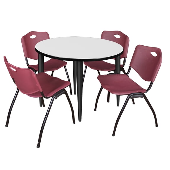 Kahlo 42 in. Round Breakroom Table- White- Black Base & 4 Stack Chairs- Burgundy