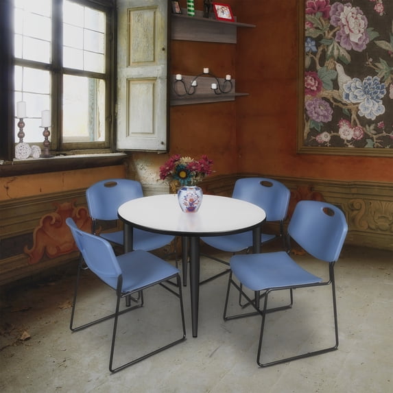 Regency Kahlo 42 in. Round Breakroom Table- White, Black Base & 4 Zeng Stack Chairs- Blue