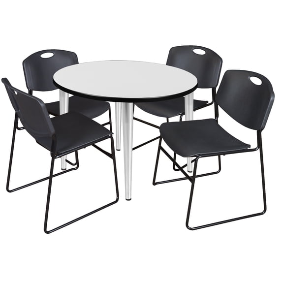Regency Kahlo 42 in. Round Breakroom Table- White Top, Chrome Base & 4 Zeng Stack Chairs- Black