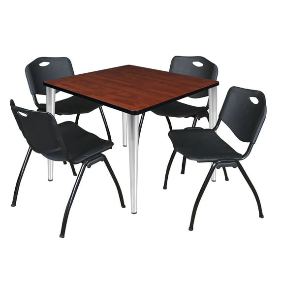 42" Square Breakroom Table- Cherry Top- Chrome Base & 4 Stack Chairs- Black