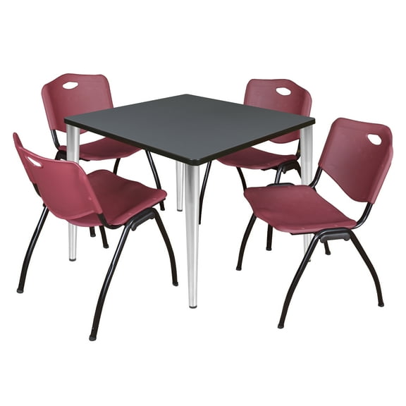 Regency Kahlo 42 in. Square Breakroom Table- Grey Top, Chrome Base & 4 M Stack Chairs- Burgundy
