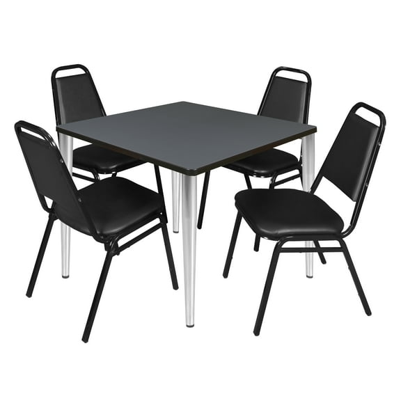 Regency Kahlo 42 in. Square Breakroom Table- Grey Top, Chrome Base & 4 Restaurant Stack Chairs- Black