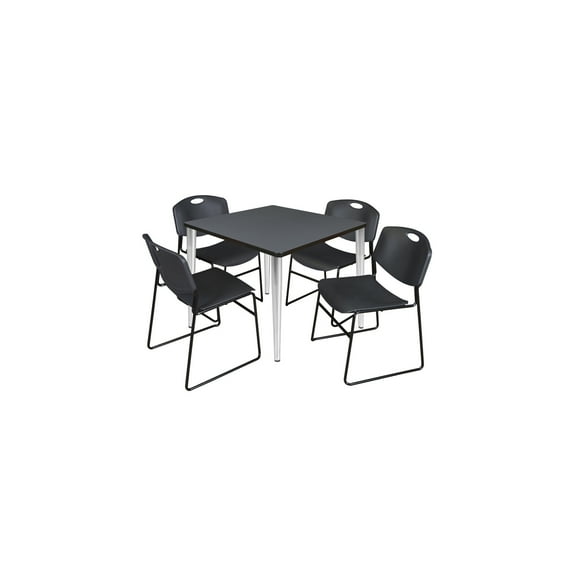 Regency Kahlo 42 in. Square Breakroom Table- Grey Top, Black Base & 4 Zeng Stack Chairs- Black