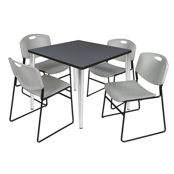 Regency 42 in. Square Breakroom Table- Grey Top, Chrome Base & 4 Zeng Stack Chairs- Grey