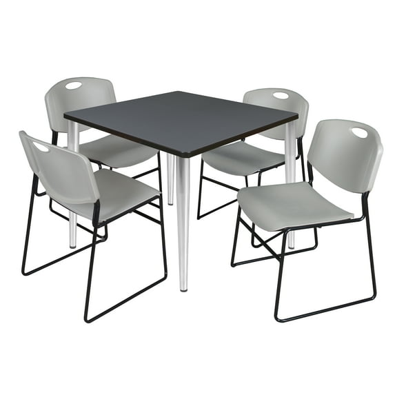 42" Square Breakroom Table- Grey Top- Chrome Base & 4 Zeng Stack Chairs- Grey