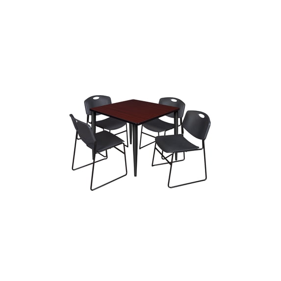 42" Sq Breakroom Table- Mahogany Top- Black Base & 4 Zeng Stack Chairs- Black