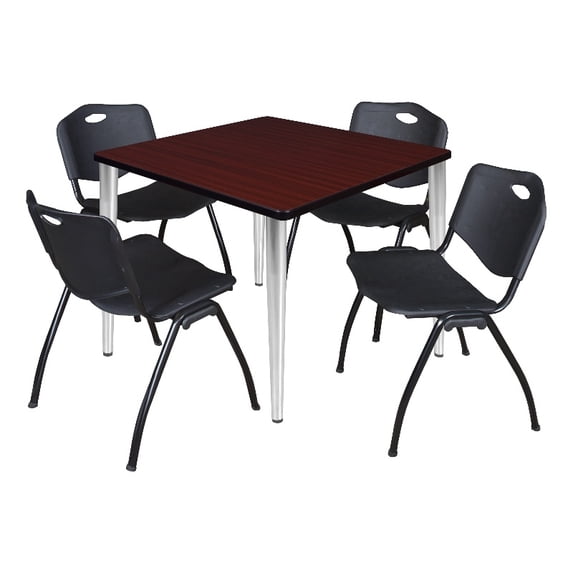 42" Square Breakroom Table- Mahogany Top- Chrome Base & 4 Stack Chairs- Black