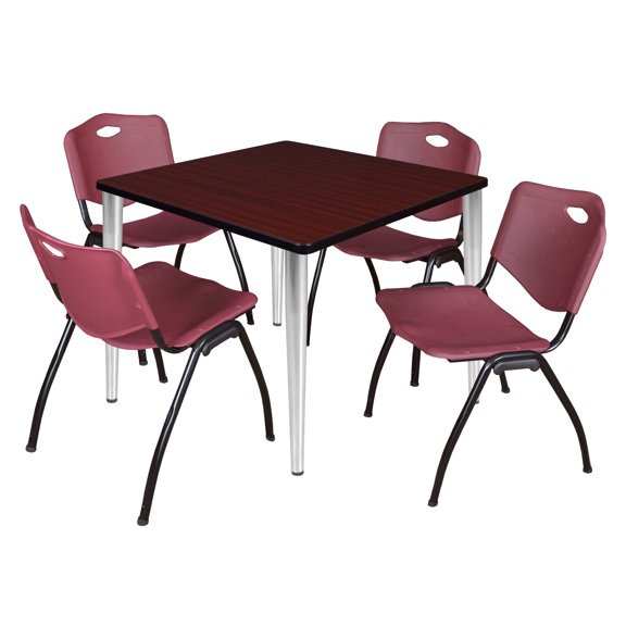 42" Square Breakroom Table- Mahogany Top- Chrome Base & 4 Stack Chairs- Burgundy