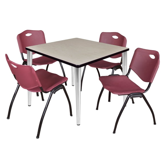 Regency Kahlo 42 in. Square Breakroom Table- Maple Top, Chrome Base & 4 M Stack Chairs- Burgundy
