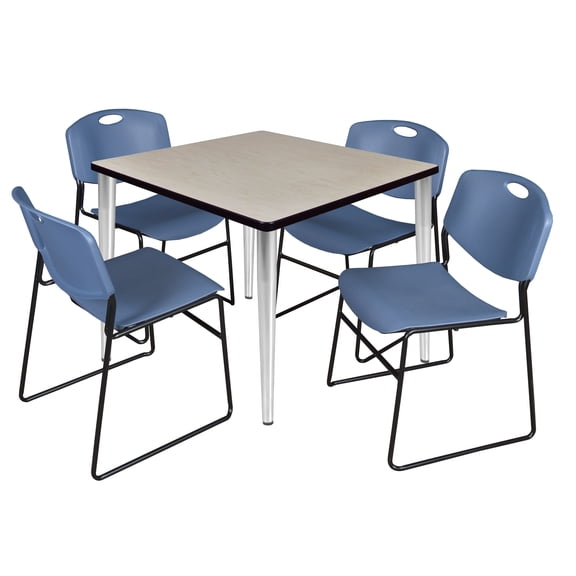Regency Kahlo 42 in. Square Breakroom Table- Maple Top, Chrome Base & 4 Zeng Stack Chairs- Blue
