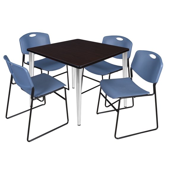 Regency Kahlo 42 in. Square Breakroom Table- Mocha Walnut Top, Chrome Base & 4 Zeng Stack Chairs- Blue