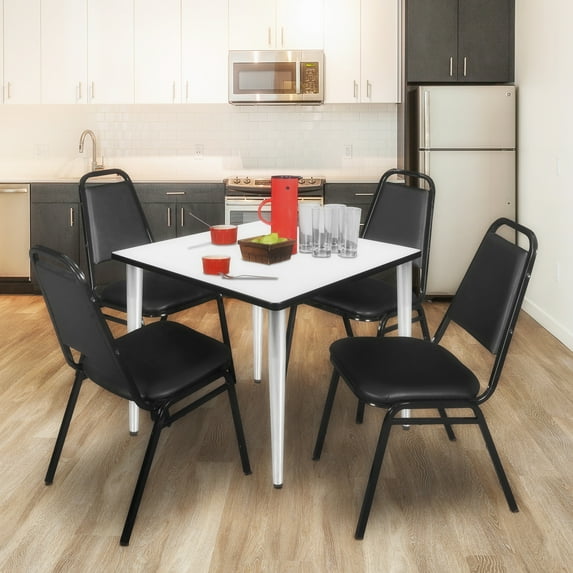 Regency Kahlo 42 in. Square Breakroom Table- White Top, Chrome Base & 4 Restaurant Stack Chairs- Black