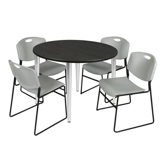 Regency Kahlo 48 in. Round Breakroom Table- Ash Grey Top, Chrome Base & 4 Zeng Stack Chairs- Grey