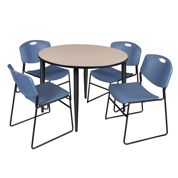 Regency Kahlo 48 in. Round Breakroom Table- Beige Top, Black Base & 4 Zeng Stack Chairs- Blue