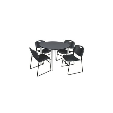 Regency Kahlo 48 in. Round Breakroom Table- Grey Top, Chrome Base & 4 Zeng Stack Chairs- Black