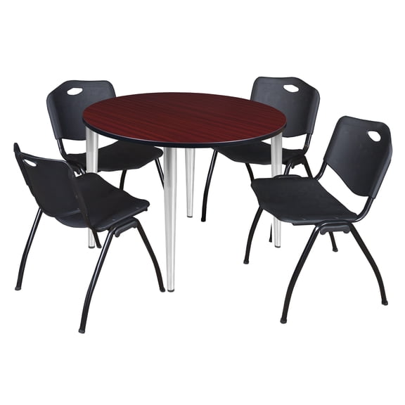 Regency Kahlo 48 in. Round Breakroom Table- Mahogany Top, Chrome Base & 4 M Stack Chairs- Black