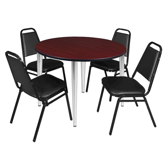 Regency 48 Round Breakroom Table- Mahogany Top, Chrome Base & 4 Stack Chairs- Black