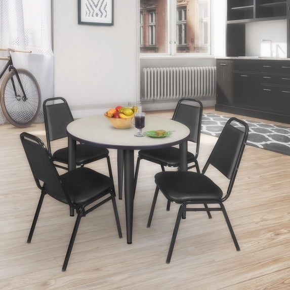 48" Round Breakroom Table- Maple Top- Black Base & 4 Restaurant Stack Chairs