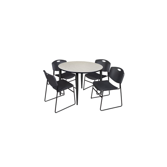 48" Round Breakroom Table- Maple Top- Black Base & 4 Zeng Stack Chairs- Black