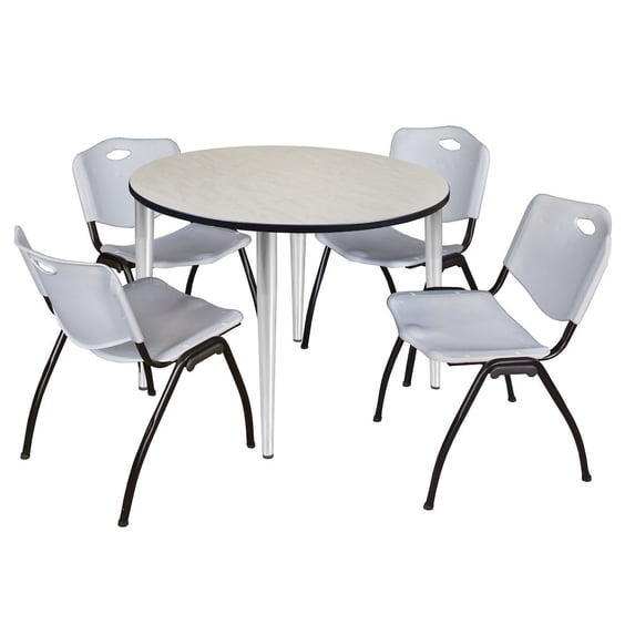 Regency 48 in. Round Breakroom Table- Maple Top, Chrome Base & 4 M Stack Chairs- Grey