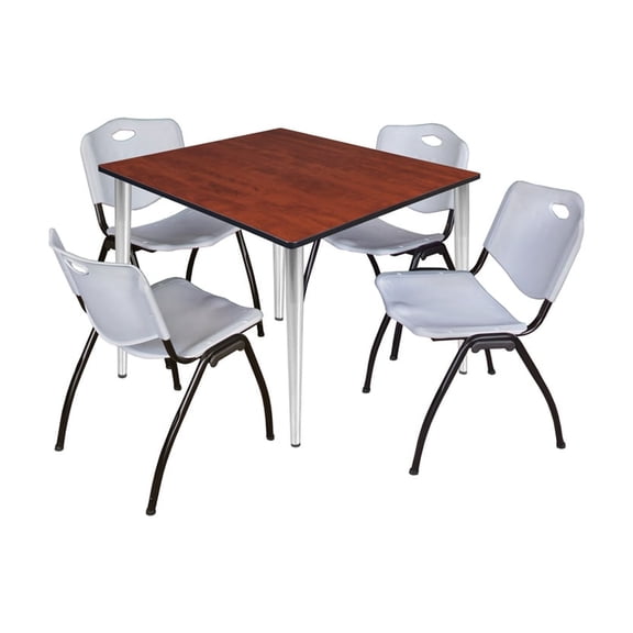 Regency Kahlo 48 in. Square Breakroom Table- Cherry Top, Chrome Base & 4 M Stack Chairs- Grey
