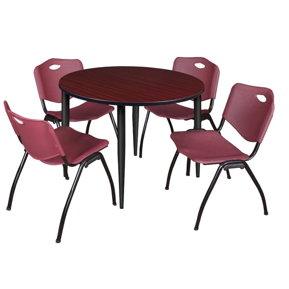 Regency Kahlo 48 in. Round Breakroom Table- Mahogany Top, Black Base & 4 M Stack Chairs- Burgundy