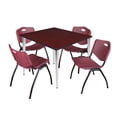thumbnail image 1 of 48" Square Breakroom Table- Mahogany Top- Chrome Base & 4 Stack Chairs- Burgundy, 1 of 8