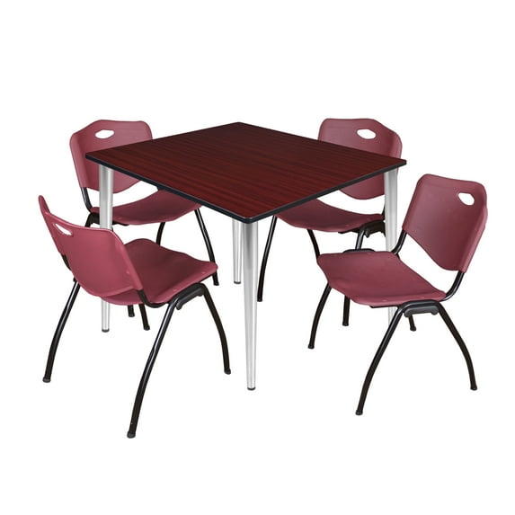 48" Square Breakroom Table- Mahogany Top- Chrome Base & 4 Stack Chairs- Burgundy
