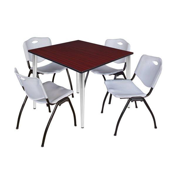 48" Square Breakroom Table- Mahogany Top- Chrome Base & 4 Stack Chairs- Grey