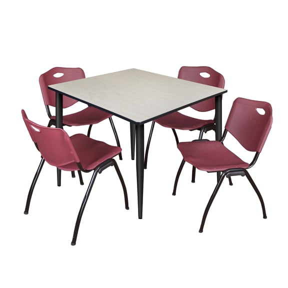 48" Square Breakroom Table- Maple Top- Black Base & 4 Stack Chairs- Burgundy