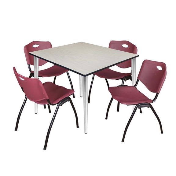 48" Square Breakroom Table- Maple Top- Chrome Base & 4 Stack Chairs- Burgundy