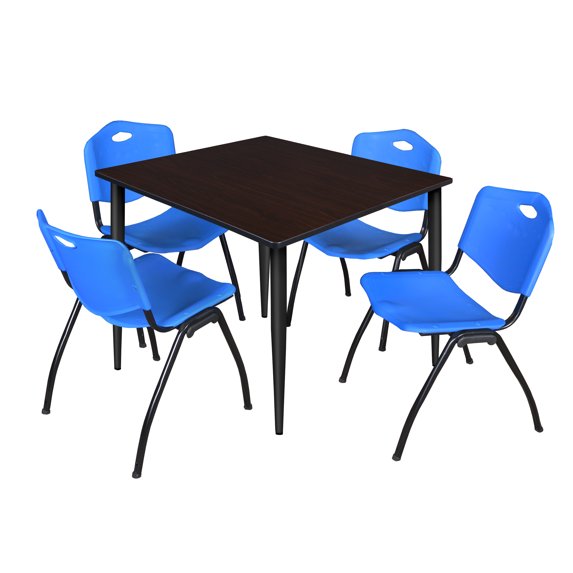 Regency Kahlo 48 in. Square Breakroom Table- Mocha Walnut Top, Black Base & 4 M Stack Chairs- Blue