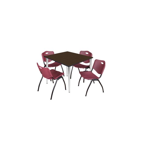 Regency Kahlo 48 in. Square Breakroom Table- Neo Walnut Top, Chrome Base & 4 M Stack Chairs- Burgundy