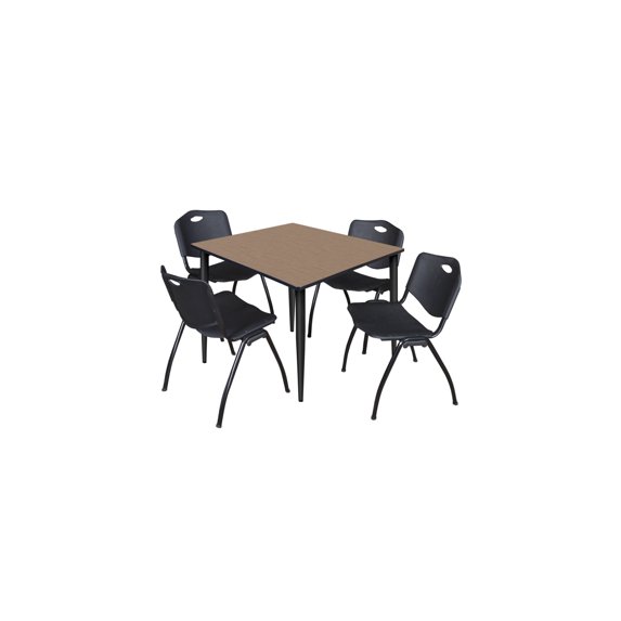 Regency Kahlo 48 in. Square Breakroom Table- Noble Oak Top, Black Base & 4 M Stack Chairs- Black