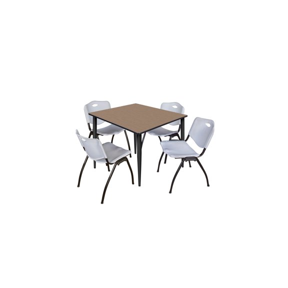 Regency Kahlo 48 in. Square Breakroom Table- Noble Oak Top, Black Base & 4 M Stack Chairs- Grey