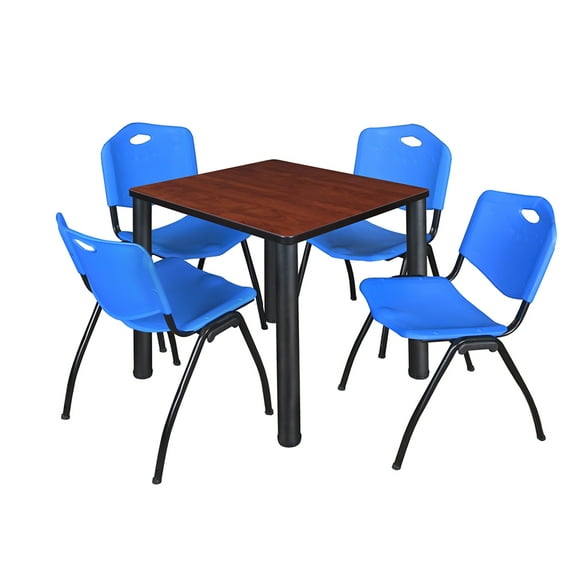Regency Kee 30" Square Breakroom Table- Cherry/ Black & 4 'M' Stack Chairs- Blue