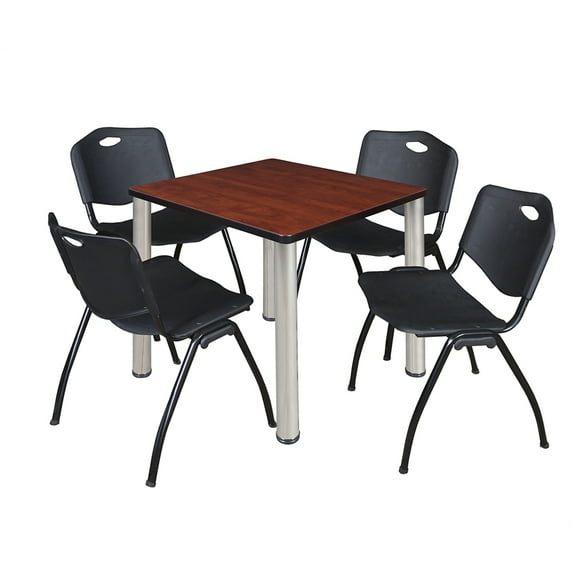 Regency Kee 30" Square Breakroom Table- Cherry/ Chrome & 4 'M' Stack Chairs- Black