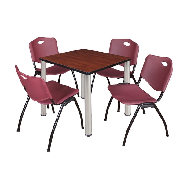 Regency 30 Square Breakroom Table- Cherry Top, Chrome Legs, 4 M Stack Chairs- Burgundy