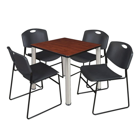 Regency 30 Square Breakroom Table- Cherry Top, Chrome Legs, 4 Zeng Stack Chairs- Black