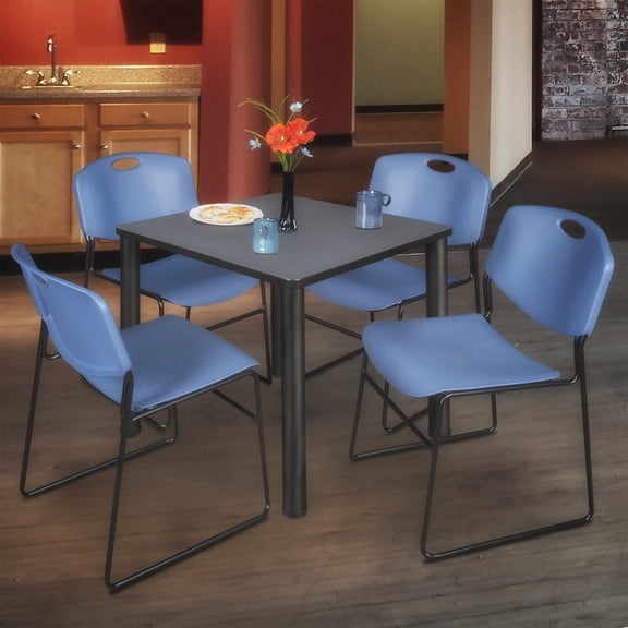 Regency Kee 30 in Square Breakroom Table- Grey Top, Black Legs, 4 Zeng Stack Chairs- Blue