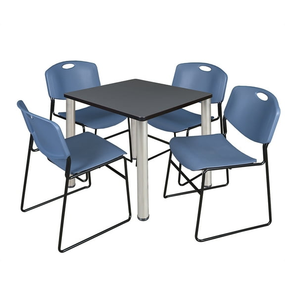 Regency Kee 30" Square Breakroom Table- Grey/ Chrome & 4 Zeng Stack Chairs- Blue