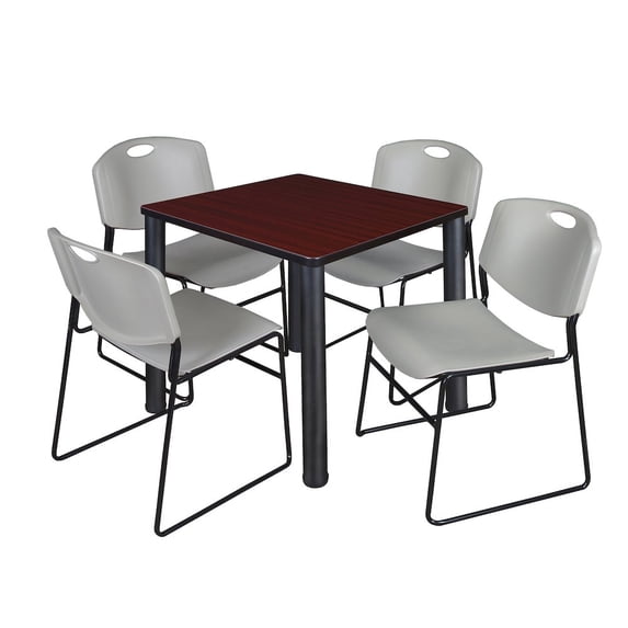 Regency 30 Square Breakroom Table- Mahogany Top, Black Legs, 4 Zeng Stack Chairs- Grey
