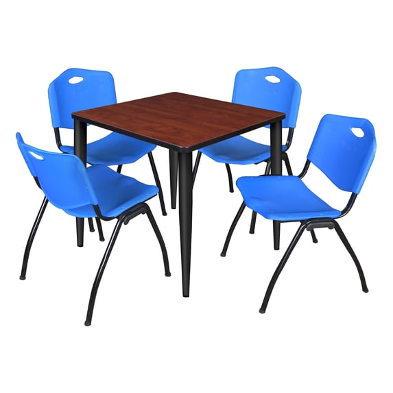 Regency Kahlo 30 in. Square Breakroom Table- Cherry Top, Black Base & 4 M Stack Chairs- Blue