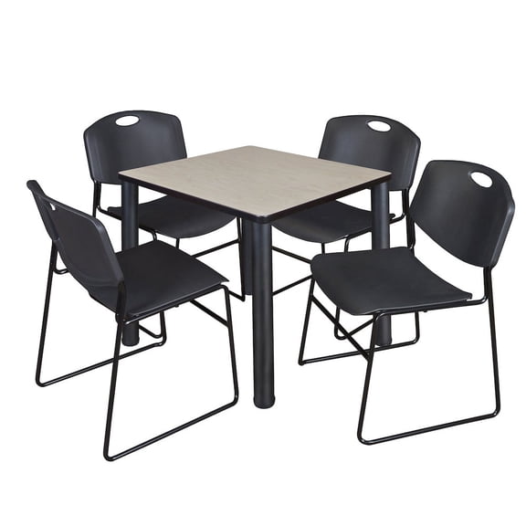 Regency Kee 30 in Square Breakroom Table- Maple Top, Black Legs, 4 Zeng Stack Chairs- Black