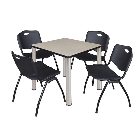 Regency Kee 30 in Square Breakroom Table- Maple Top, Chrome Legs, 4 M Stack Chairs- Black